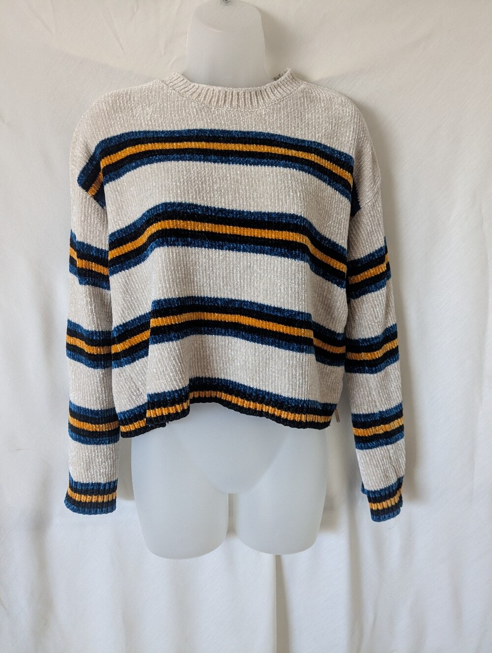 Volcom Chenille Striped Sweater Womens XS Cream Blue Mustard Crew Neck
